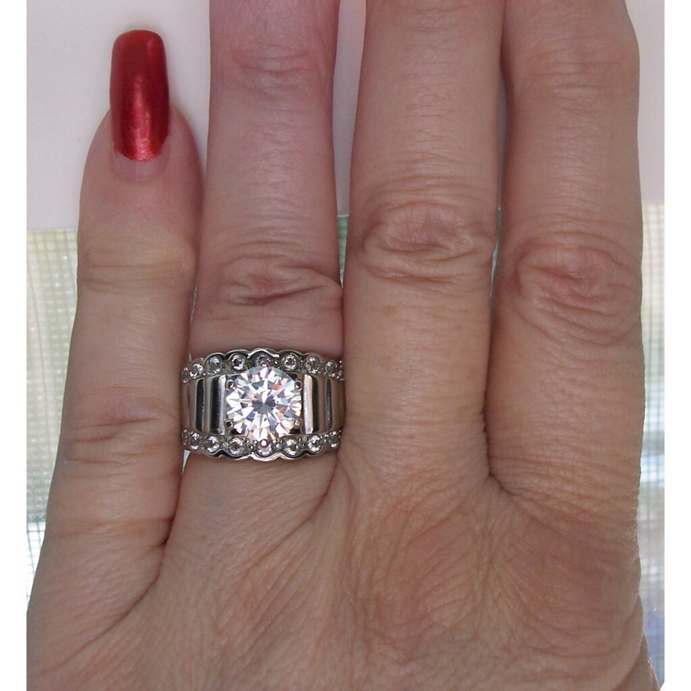 STAINLESS STEEL Round Cut Cubic Zirconia Wide Band Ring - Picture 12 of 16